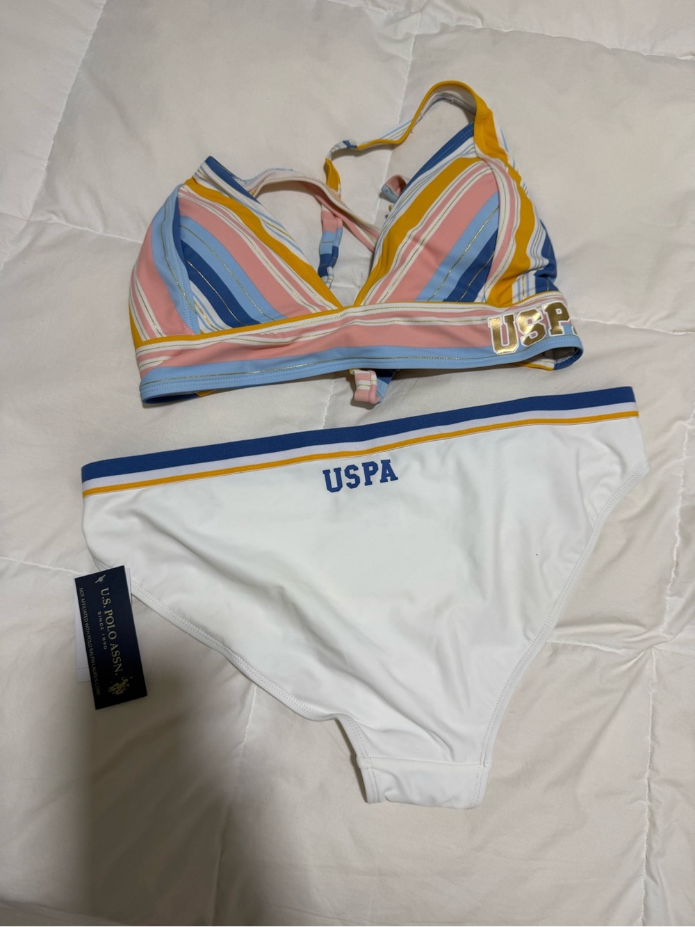 U.S. Polo Assn. Pastel Striped Triangle Bikini Top with White Bottoms